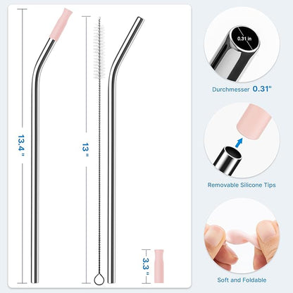 Repeatable Metal Straw with Silicone Tips for 40 oz Stanley Tumbler, 2 Pcs 40 oz Stainless Steel Straws Replacement for Stanley Tumbler, 1 Straw Brush, BPA Free（Light Pink）