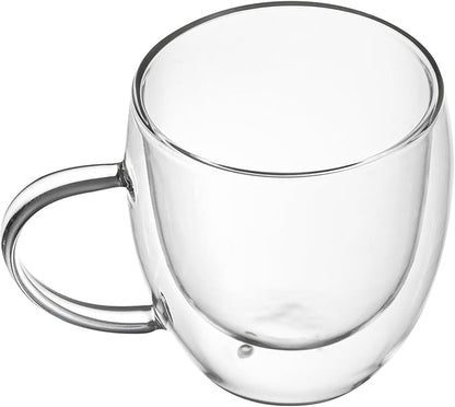 Restaurantware-Forma Professional 8.5 Ounce Glass Coffee Cups, 12 Insulated Coffee Cups With Handle - Dishwashable, Reusable, Clear Double Wall Beverage Tumblers, Freezable, For Hot Or Cold Beverages