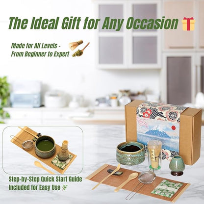 Annie & Mia Design Matcha Whisk Set (9pcs), Japanese Tea Matcha Set includes Ceramic Matcha Bowl, Bamboo Matcha Whisk(chasen), Ceramic Matcha Whisk holder, Bamboo Matcha Scoop (chashaku). Blue color