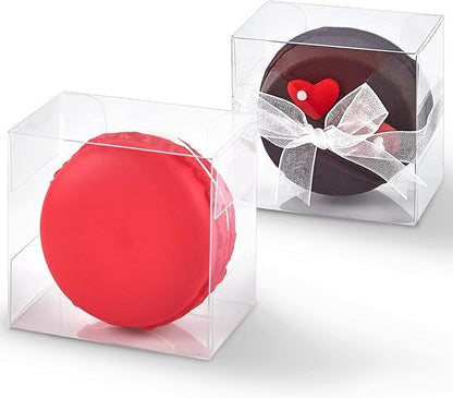 100pcs Clear Single Chocolate Covered Cookies Macaron Box for Wedding Favors Baby Shower 2.17"×2.17"×1.38" Inch, Party Favor Box with Ribbons for Candy Chocolate Mooncake