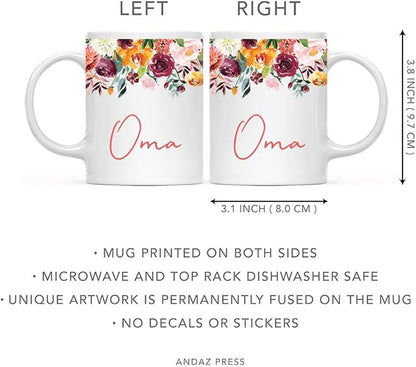 Andaz Press 11oz. Mother's Day Ceramic Coffee Tea Mug Gift, Fall Autumn Burgundy Orange Peach Flowers Roses Florals, Oma, 1-Pack