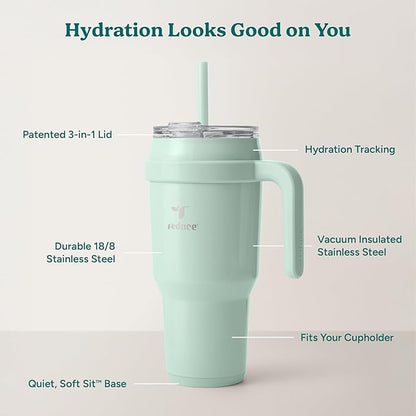 REDUCE Cold1 40 oz Tumbler with Handle - Vacuum Insulated Stainless Steel Water Bottle for Home, Office or Car, Reusable Mug with Straw or Leakproof Flip Lid, Keeps Drinks Cold All Day-Gloss Sea Glass