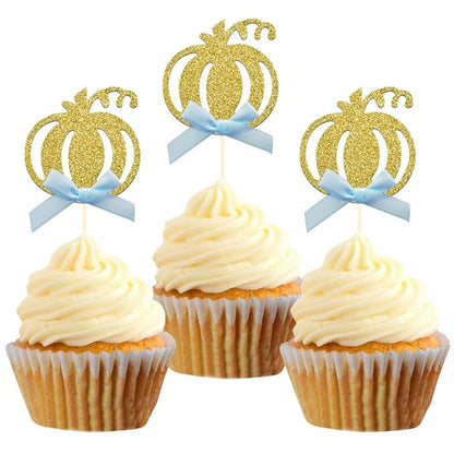 24pcs Pumpkin Cupcake Toppers, Fall Theme Cake Decoration for Baby Shower Party Supplies (Blue Bow)