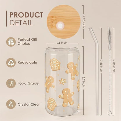 Gingerbread Christmas 16oz Can Glass Tumbler with Bamboo Lid & Straw - Iced Coffee Cup for Women Girls, Aesthetic Cups Gifts for Xmas