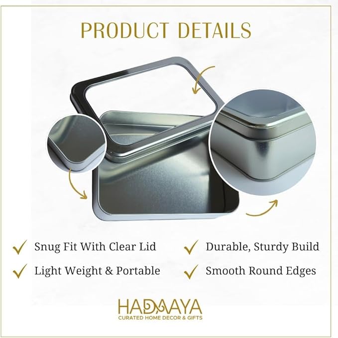 Pack of 6 Silver Rectangular Tin Container With Clear Lid, Multipurpose Tin Box, Festive Tin Box for Gift Giving, Cookies, Stationery & More - 7.25 x 5.25 x 2.25 Inches