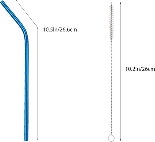 10 Pcs Stainless Steel Straws, Reusable Drinking Straws, Bent Metal Straw Sets with 2 Pcs Cleaning Brushes (Blue, 10.5 Inch)