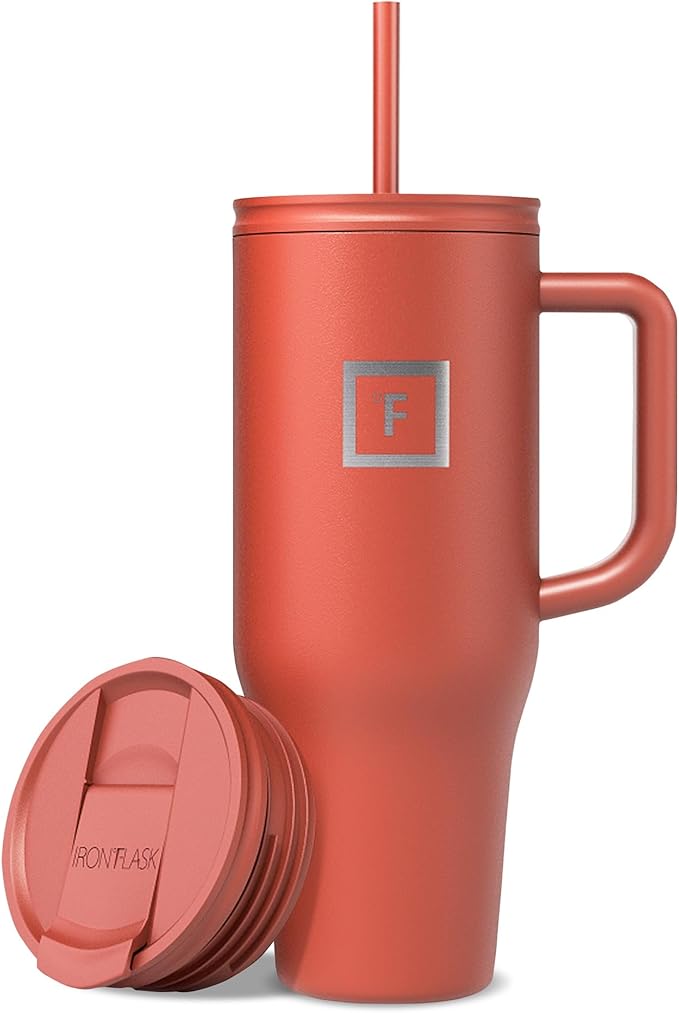 IRON °FLASK Co-Pilot Insulated Mug w/Straw & Flip Cap Lids - Cup Holder Bottle for Hot, Cold Drink - Leak-Proof- Water, Coffee Portable Travel Tumbler - Rusty Red, 40 Oz