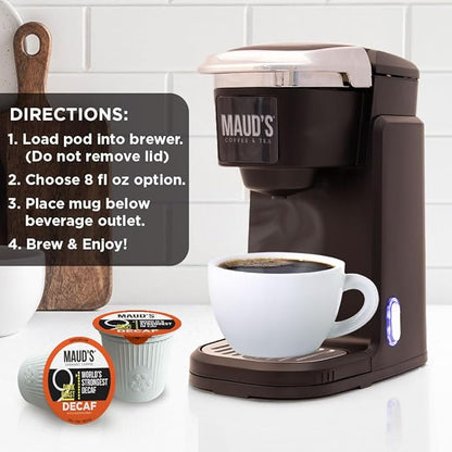 Maud's World's Strongest Decaf Coffee Pods, 18 ct, Decaffeinated Dark Roast Coffee in Recyclable Single Serve Pods – 100% Arabica Coffee, Compatible with Keurig K Cups Maker