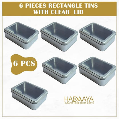 Pack of 6 Silver Rectangular Tin Container With Clear Lid, Multipurpose Tin Box, Festive Tin Box for Gift Giving, Cookies, Stationery & More - 7.25 x 5.25 x 2.25 Inches