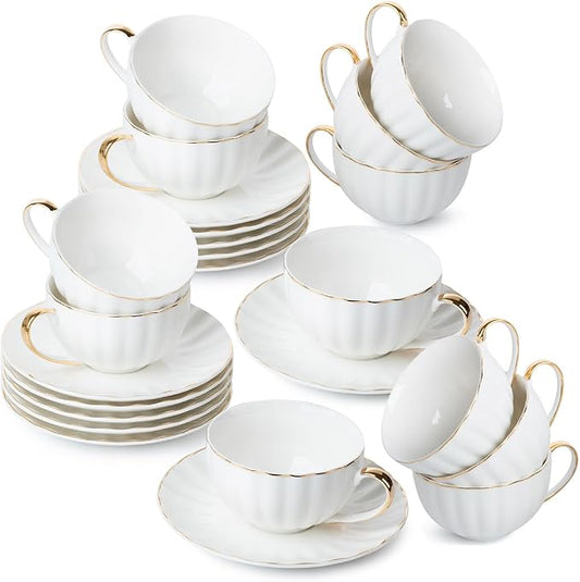 BTaT- White Tea Cups and Saucers Set of 12 (7 oz), Porcelain White Tea Cup Set of 12 with Golden Trim Design, Dishwasher Safe