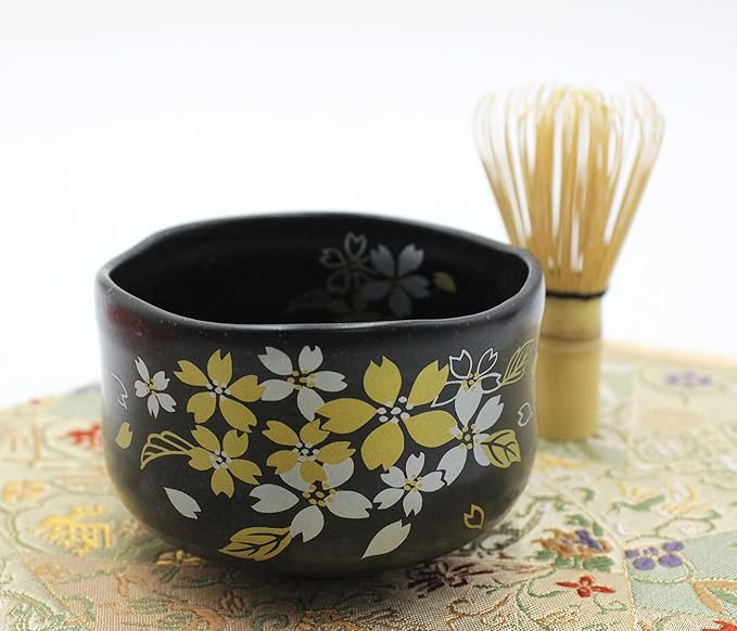 Japanese Traditional Mino Ware Handcrafted Mini Matcha Chawan Tea Bowl Cup Set With Chasen Bamboo Tea Whisk Ceremony Tableware Pottery (Tenmoku Sakura)