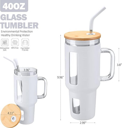 Kodrine 40 oz Glass Tumbler with Handle, Iced Coffee Tumbler with Straw and Bamboo Lid, Glass Drinking Cup with Silicone Sleeve Time Marker, Water Bottle Dishwasher Safe, Cup Holder Friendly, White