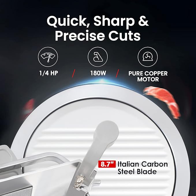 Toogood 8.7" Commercial Slicer, 1/4 HP Electric Meat Slicer, Italian Carbon Steel Blade, Quiet Performance, Semi-frozen Meat/Cheese/Food Slicer, 0.5mm to 15mm Thickness