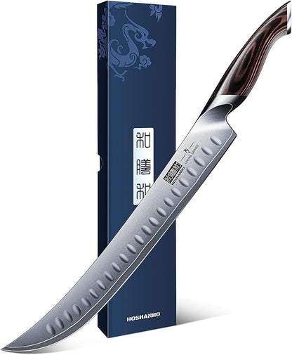Carving Slicing Knife, 12 Inch Japanese High Carbon Steel Brisket Knife with Ergonomic Pakkawood Handle, Razor Sharp Curved Butcher Breaking Knives for Meat Cutting