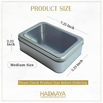 Silver Rectangular Tin Container With Clear Lid, Single Piece Multipurpose Tin, Festive Tin Box for Gift Giving, Cookies, Stationery & More - 7.25 x 5.25 x 2.25 Inches
