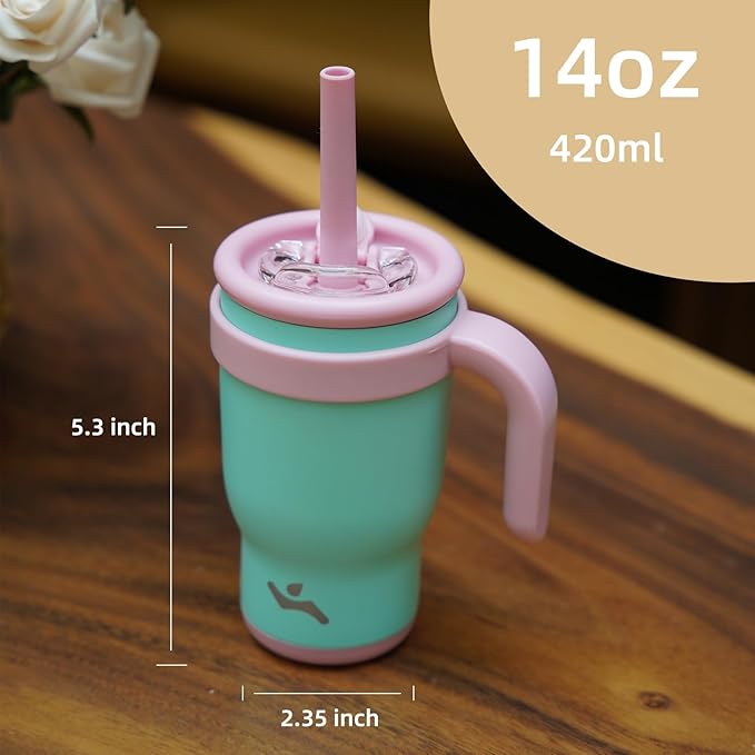 14 oz Tumbler with Side Handle, Insulated Water Bottle with Straw and 2 in 1 Lid, Stainless Steel Cup Travel Coffee Mug for Sports Office Gym,Lime