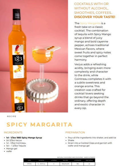 1883 Spicy Mango Syrup for Drinks, Made in France, 1 Liter Glass Bottle