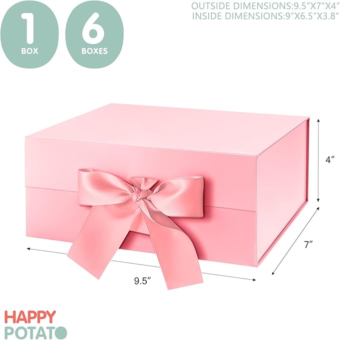 HAPPY POTATO Gift Box for Presents with Ribbon 9x6.5x3.8 Inches, Pink Gift Box with Lid, Bridesmaid Proposal Box (Glossy Pink)