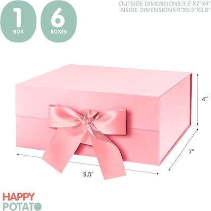 HAPPY POTATO Gift Box for Presents with Ribbon 9x6.5x3.8 Inches, Pink Gift Box with Lid, Bridesmaid Proposal Box (Glossy Pink)