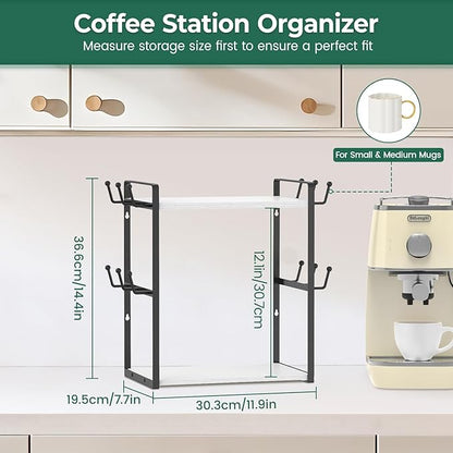 EsLuker.ly 2 Tier Coffee Mug Holder Station Bar Organizer Countertop, Mug Cup Tree Rack for Kitchen Office, Storage Shelf with 12 Hooks, Creat Stylish Coffee Corner, White-Black