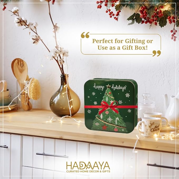 Pack of 2 Square Metal Christmas Cookie Tins With Lids, Elegant Green & Gold Festive Tins, Multipurpose Tins For Gift Giving, Durable & Stylish Storage Solution For Cake, Candy & More