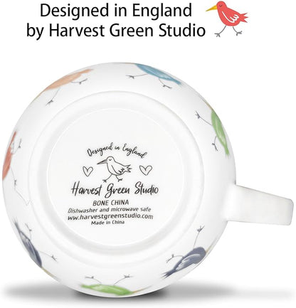 Birds Mugs for Daily Coffee and Tea, Premium 20 oz Bone China Coffee Tea Hug Mug, Perfect Holiday and Birthday Gift for Bird Lovers, Designed in England by Harvest Green Studio