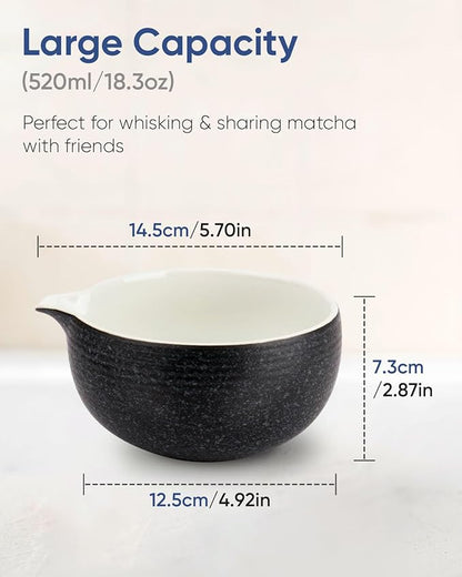 Matcha Bowl with Spout, Ceramic Matcha Bowl and Whisk Holder Set, Matcha Mixing Bowl for Whisking Matcha, Charcoal Grey (18 Ounce)