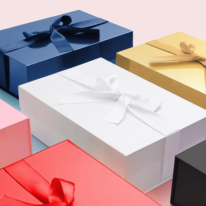 HAPPY POTATO 5 White Gift Boxes with Lids and Ribbon 11.5x8.1x3.8 Inches, Bridesmaid Proposal Boxes, Large Magnetic Gift Boxes for Presents (Glossy White, Pack of 5)