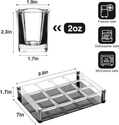 Ruckae 12 Pack 2 OZ Shot Glasses Set with Pallets Heavy Base Clear Square Shot Glasses Bulk for Vodka Tequila Whiskey Liquor