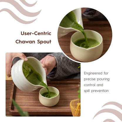 7 Pcs Matcha Set - Ceramic Bowl, Bamboo Whisk with Holder, Sifter, Schima Spoon, Spoon Rest and Tea Towel, Complete Kit for Traditional Matcha and Modern Lattes (White)