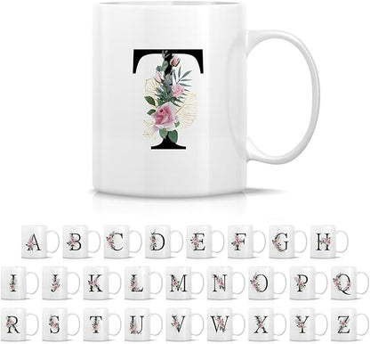 Retreez Initial A-Z Floral Botanical Bouquet Alphabet Monogrammed Monogram Mug 11 Oz Ceramic Tea Coffee Mugs - Appreciation Thank You Wedding Birthday Gifts for her friend coworker sister - T Initial