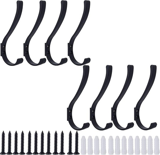 8 Pack Hanging Coat Hooks Wall Mount, Coat Hanger Wall Hangers, Metal Hooks for Hanging Heavy Duty, Screw in Hooks for Hanging Towels, Clothes, Backpack, Hat, Bag, Jacket, Key, Robe, Backpack Black