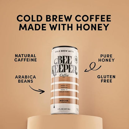 Beekeeper Coffee Cold Brew with Oregon Honey, Mixed Variety Pack, 8 fl oz Cans (Pack of 12), Ready-to-Drink Black, Caramel, Mocha & Vanilla Lattes
