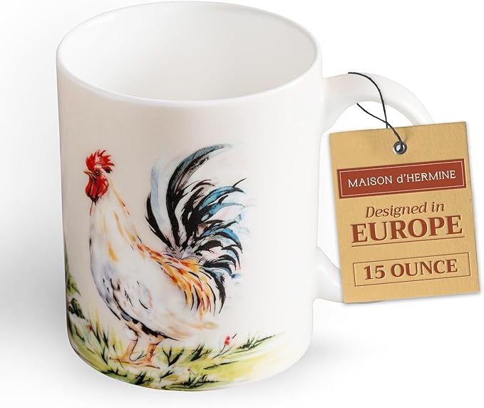 Maison d' Hermine Coffee Mug with Handles Fine Bone China Mugs Pack of One Tea Cups for Hot Beverages Cappuccino Latte Home Restaurant Office Perfect for Gift (Campagne - Coq, 15 Ounce)