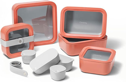 Caraway 14pc Glass Food Storage Container Set - Easy to Store, Non Toxic Lunch Box - with Glass Lids - Includes Storage Organizer & Dot & Dash Inserts - Perracotta