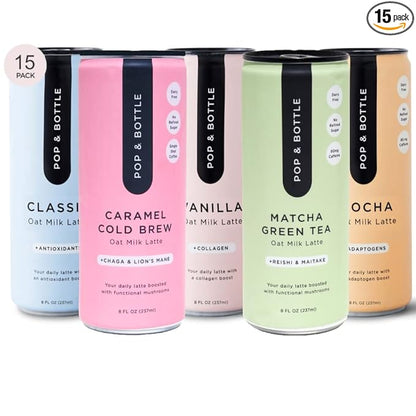 Pop & Bottle, Oat Milk Lattes - Maca, Antioxidants, Ashwagandha, MCT Oil, Collagen, Mushrooms, Organic, Dairy & Gluten Free, Great as Iced Coffee, Lightly Sweetened with Dates - 8 Fl Oz (15 Pack)