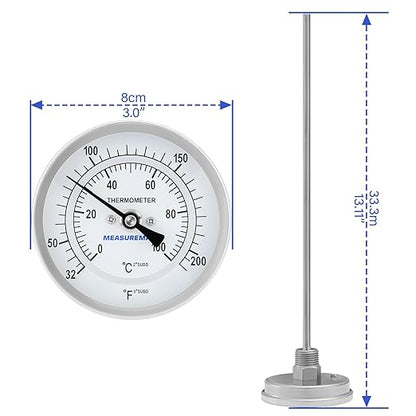 MEASUREMAN Hot Water Bi-Metal Thermometer, 3" Dial, 12" Lead-Free Brass Stem, 32-212°F/0-100°C Range, 2% Accuracy, 1/2" NPT Mount