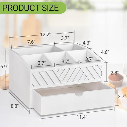 Farmhouse Wooden Coffee Bar Organizer - Countertop Station With Drawer, Pods Holder & Storage Basket