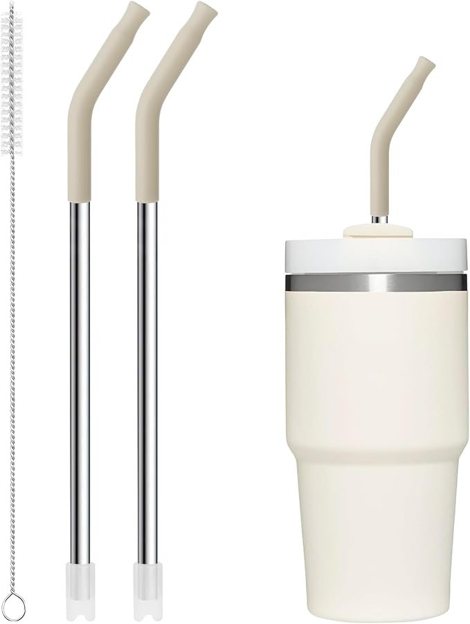 Snowfall 2 Pcs Replacement Metal Straws for Stanley 14 OZ, 20 OZ Tumbler, Stainless Steel Straws with Silicone Tip for 20 OZ Tumbler, Straw Brush (Cream Gray)