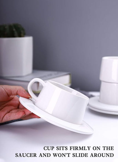Kanwone Porcelain Stackable Cappuccino Cups with Saucers - 8 Ounce for Specialty Coffee Drinks, Cappuccino, Latte, Americano and Tea - Set of 4, White