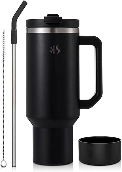 40 oz Tumbler with Handle and Straw, Dual feature Lid, Vacuum Insulated for Hot & Cold, Stainless Steel, includes Silicone Boot & Cleaning Brush