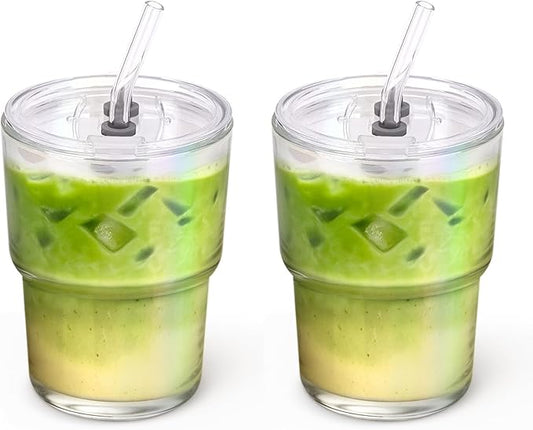 13 oz Glass Tumbler with Glass Straw and Lid, Leak-Proof Reusable Travel Cup for Iced Coffee, Tea, Matcha, Fruit Juice – Thick Wall Clear Water Bottle (Iridescent Shimmer, 2 Pack)