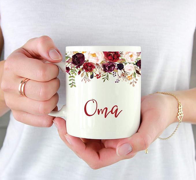 Andaz Press 11oz. Mother's Day Ceramic Coffee Tea Mug Gift, Fall Autumn Marsala Burgundy Flowers Roses Florals, Oma, 1-Pack, Includes Gift Box, Birthday Christmas Gift Ideas