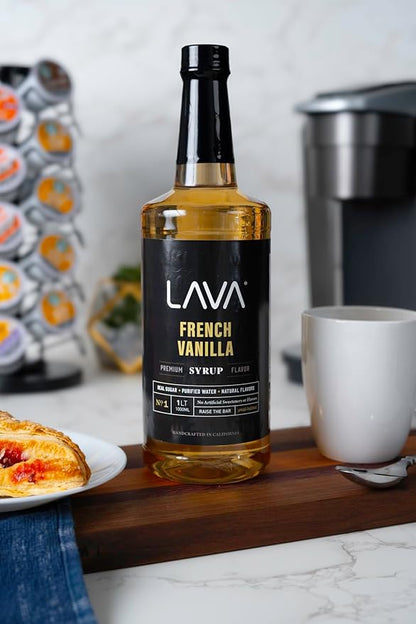 LAVA Premium French Vanilla Syrup, Natural Vanilla Coffee Sweetener, 33.8oz (1-Liter), Made with 100% Sugar, No Artificial Sweeteners, Flavors, or Colors. (1-Pack)