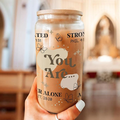 Christian Gifts for Women - Inspirational 16 Oz Can Glass Coffee Cup with Bamboo Lid & Straw- Religious, Motivational Catholic Gifts for Womens Ladies on Birthday