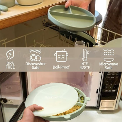 Moonkie Suction Plates for Baby | 100% Silicone BPA-Free Baby Plates with Lids and Food Cover | Divided Design | Microwave and Dishwasher Safe | Toddler Plates 3 Pack