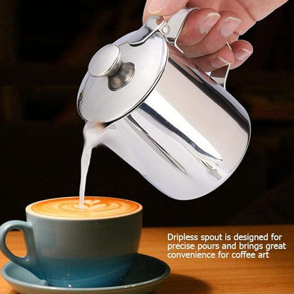 Stainless Steel Coffee Cup Mug Milk Frothing Pitcher Jug with Lid for Latte Coffee Art for Office Kitchen with handle(350mL)