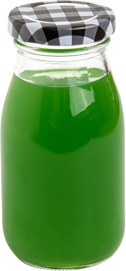 Restaurantware-French Countryside 6 Ounce Glass Bottles, 10 Durable Juice Bottles - With Black Plaid Lid, Dishwashable, Clear Glass Countryside Bottle, For Hot And Cold Beverages
