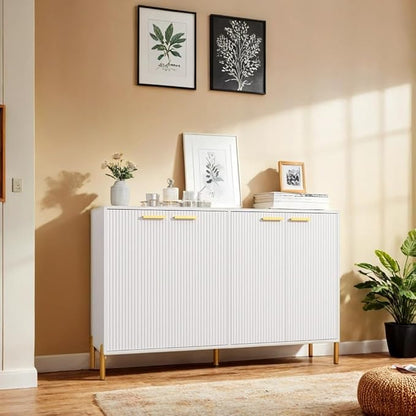 White Fluted Sideboard Cabinet - Luxury Buffet Table with 4 Doors, Large Coffee Bar Station for Living Room, Kitchen, Hallway, Entryway Storage