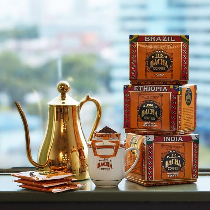 Bacha Coffee | Baraka Fine Flavoured, Medium Roast, 100% Arabica Specialty Coffee, 12 Coffee Drip Bags, Gift Box